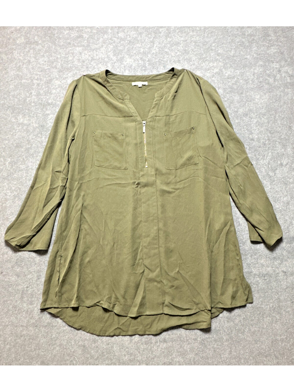 Women’s Maurices Olive Green Zip Front Blouse Size Large 3/4 Sleeve Tunic Top
